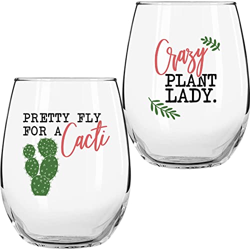 Set of 2 Funny Wine Glasses 15oz - Plant Lover Gift Mug - Pretty Fly For a Cacti- Crazy Plant Lady Wine Glass Tumbler