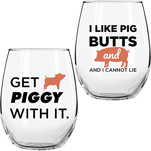 Fun Cow Gifts for Cow Lovers - Not in The Mood Moo, B***h Get Out The Hay 17 oz 2pc Stemless Wine Glass Set, Colored - Fun Cow Glasses - Cute