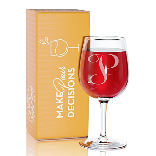 On The Rox Drinks Monogrammed Gifts for Women - A-Z Personalized Wine Glasses Engraved- 12.75 Oz (P)