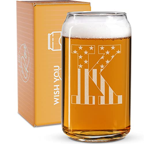 Monogram Beer Glasses for Men (A-Z) 16 oz - Beer Gifts for Men Brother Son Dad Neighbor - Unique Gifts for Him - Personalized Drinking Gift Beer Glass Mugs - Engraved Beer Can Glass ( K )