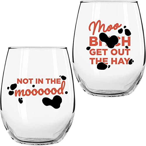 Fun Cow Gifts for Cow Lovers - Not in The Mood Moo, B***h Get Out The Hay 17 oz 2pc Stemless Wine Glass Set, Colored - Fun Cow Glasses - Cute