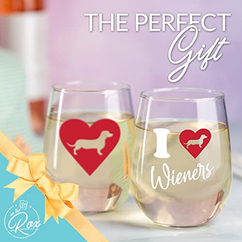 Dachshund Gifts for Dog Lovers - "I Love Wieners" Colored Stemless Dog Wine Glass Set of 2 - Funny Cup, Tumbler, Stuff for Pet-Loving Mom, Grandma - Weenie Dog Gifts For Women by On The Rox Drinks