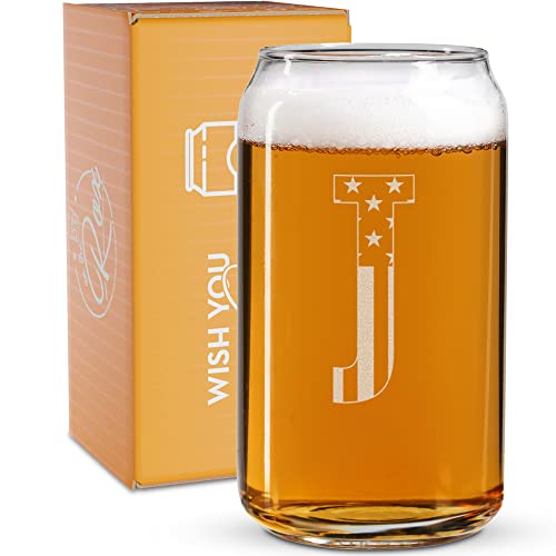 Monogram Beer Glasses for Men (A-Z) 16 oz - Beer Gifts for Men Brother Son Dad Neighbor - Unique Christmas Gifts for Him - Personalized Drinking Gift Beer Glass Mugs - Engraved Beer Can Glass (J)