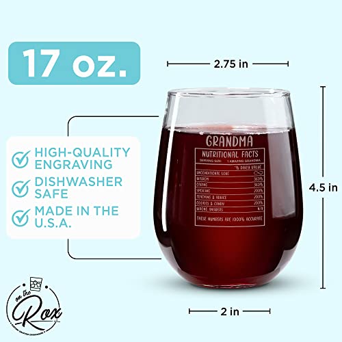 On The Rox Drinks Wine Gifts for Grandmother - 17 Oz Grandma Nutritional Facts Engraved Stemless Wine Glass