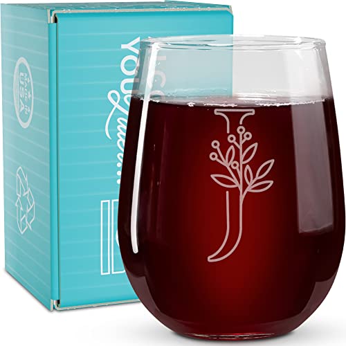 On The Rox Drinks Monogrammed Gifts For Women and Men - Letter A-Z Initial Engraved Monogram Stemless Wine Glass - 17 Oz Personalized Wine Glifts For Women and Men (J)