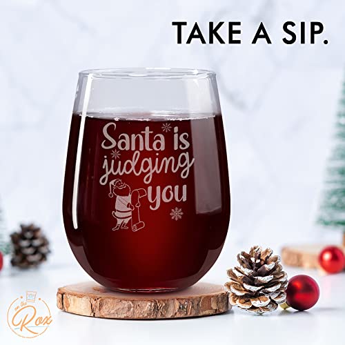 Santa Holiday Stemless Wine Glass Set of 4 - Christmas Cocktail Glasses and Drinkware - Wine Gift Sets for Christmas by On The Rox Drinks