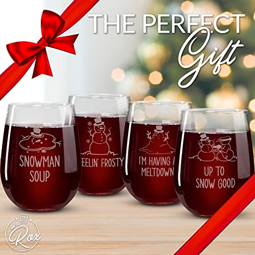Snowman Holiday Stemless Wine Glass Set of 4 - Christmas Cocktail Glasses and Drinkware - Wine Gift Sets for Christmas by On The Rox Drinks