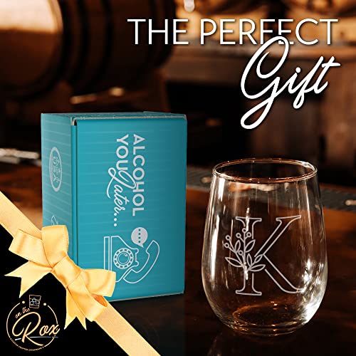 On The Rox Drinks Monogrammed Gifts For Women and Men - Letter A-Z Initial Engraved Monogram Stemless Wine Glass - 17 Oz Personalized Wine Gifts For Women and Men (K)
