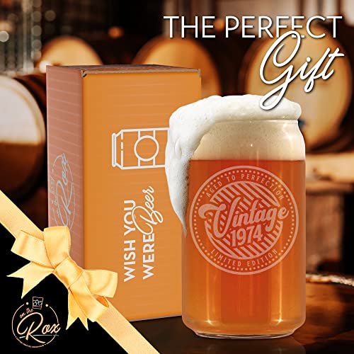 Aged to Perfection 1974 Birthday Gifts - 48th Birthday Gifts for Women Men Born in 1974 - 16 Oz Engraved Vintage Beer Can Glass