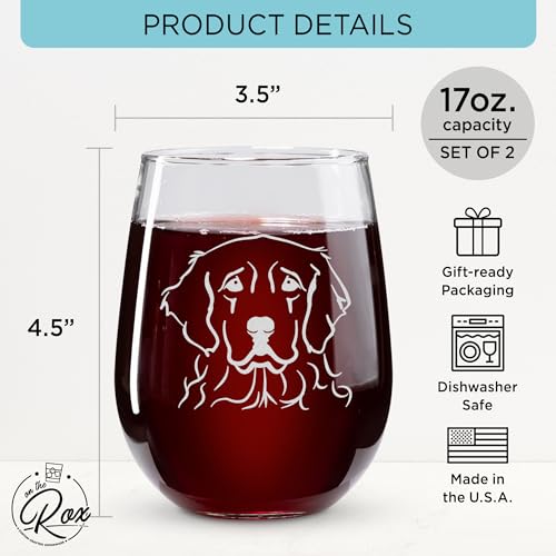 On The Rox Drinks Golden Retriever Gifts for Dog Lovers - Life Is Golden Stemless Wine Glass Set of 2- Cute Dog Face Glasses for Women - Funny Tumbler, Cup for Pet Lovers