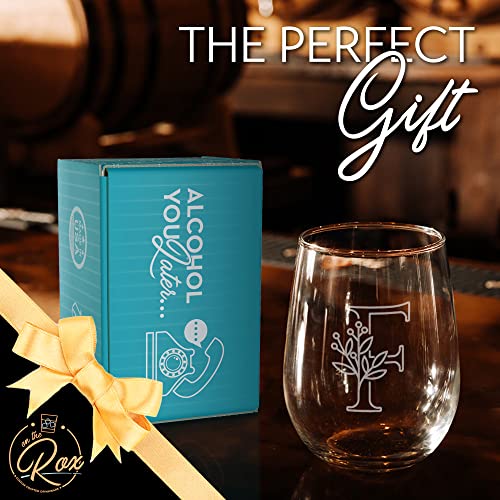 On The Rox Drinks Monogrammed Gifts For Women and Men - Letter A-Z Initial Engraved Monogram Stemless Wine Glass - 17 Oz Personalized Wine Glifts For Women and Men (F)