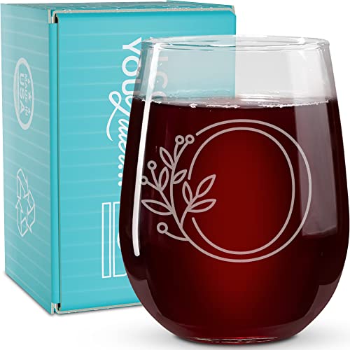 On The Rox Drinks Monogrammed Gifts For Women and Men - Letter A-Z Initial Engraved Monogram Stemless Wine Glass - 17 Oz Personalized Wine Glifts For Women and Men (O)