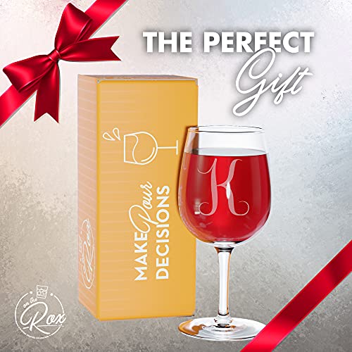 On The Rox Drinks Monogrammed Gifts for Women - A-Z Personalized Wine Glasses Engraved- 12.75 Oz (K)