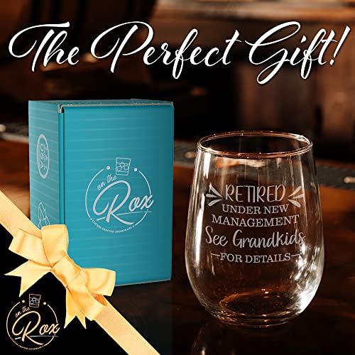 On The Rox Drinks Wine Gifts for Grandma - 17 Oz Retired Under New Management, See Grandkids for Details Engraved Stemless Wine Glass