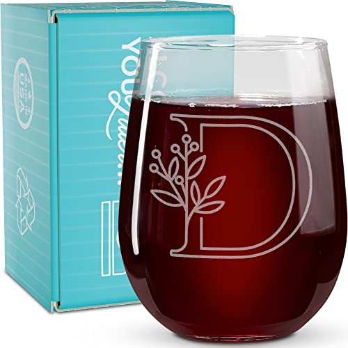 On The Rox Drinks Monogrammed Gifts For Women and Men - Letter A-Z Initial Engraved Monogram Stemless Wine Glass - 17 Oz Personalized Wine Glifts For Women and Men (D)