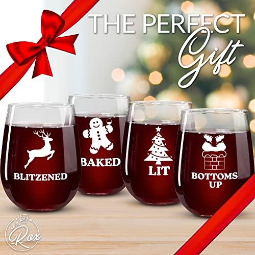 “Baked, Lit, Bottoms Up, Blitzened” Printed Stemless Wine Glass Set of 4 - Christmas Cocktail Glasses and Drinkware by On The Rox Drinks