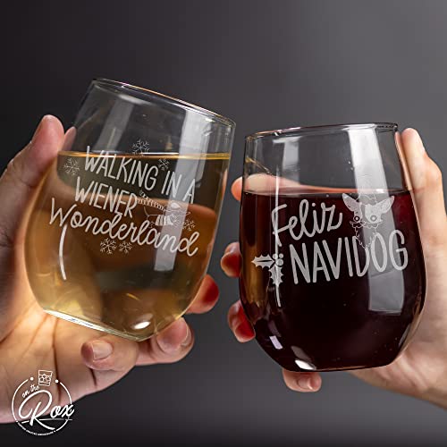 Dog-Themed Stemless Wine Glass Set of 4 - Christmas Cocktail Glasses and Drinkware by On The Rox Drinks