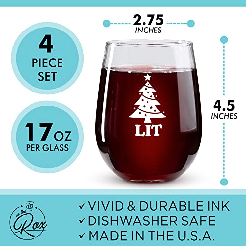 “Baked, Lit, Bottoms Up, Blitzened” Printed Stemless Wine Glass Set of 4 - Christmas Cocktail Glasses and Drinkware by On The Rox Drinks