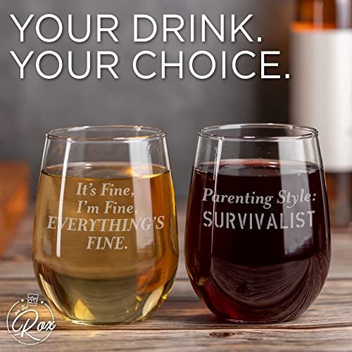On The Rox Drinks Wine Gifts for Moms - 17oz Everything's Fine and Survivalist Stemless Wine Glass Set of 2