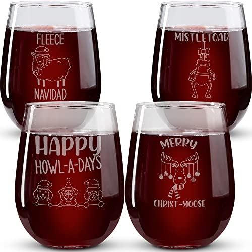 Christmas Animals Stemless Wine Glass Set of 4 - Cocktail Glasses and Drinkware by On The Rox Drinks