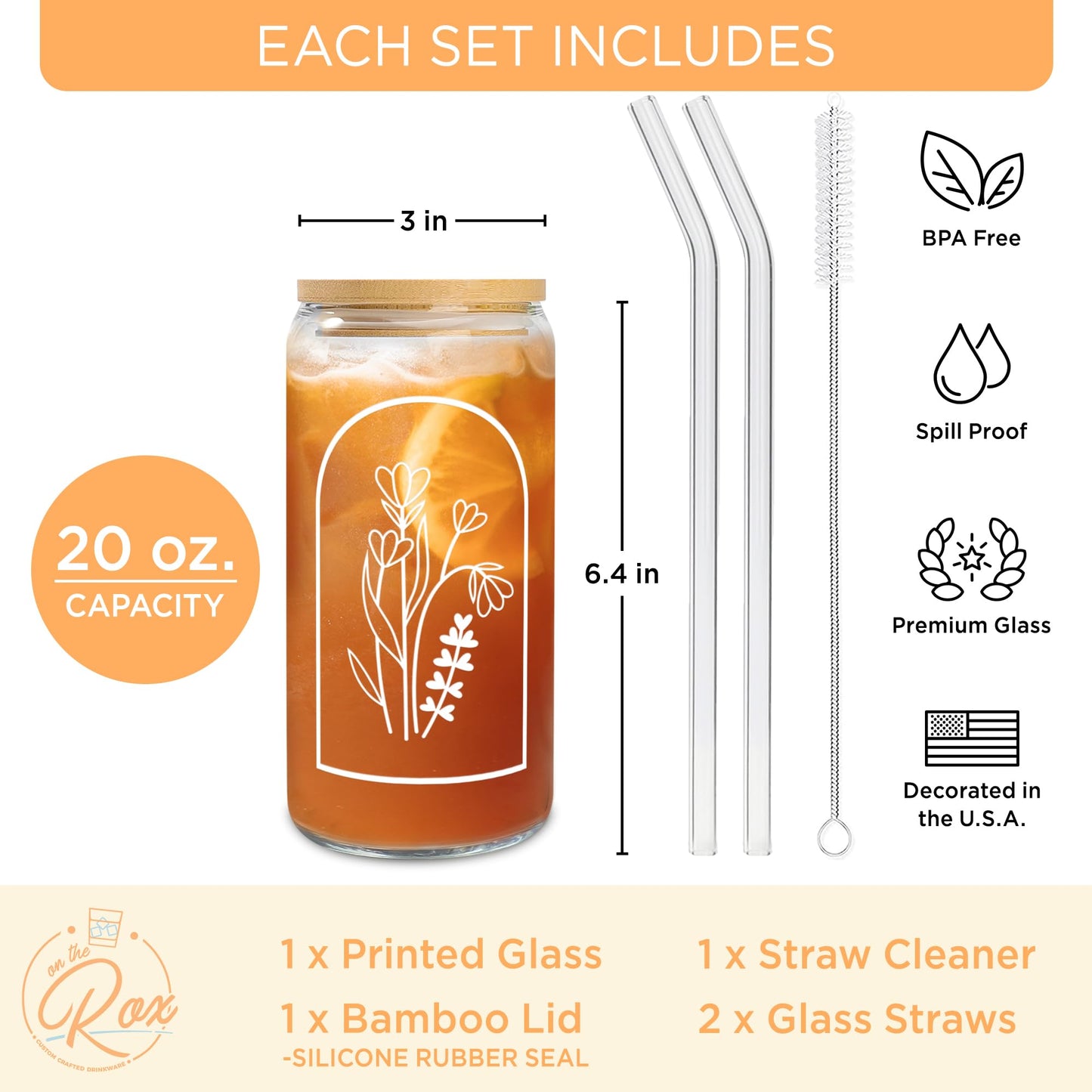 Aesthetic Floral Glass Gifts For Her - 20oz Iced Coffee Cup w/ Bamboo Lid & Glass Straw Set - Flower Coffee Cup