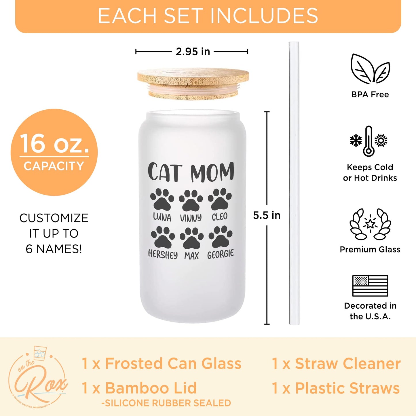 Personalized Cat Mom Gifts For Women - Custom 16oz Frosted Beer Can Glass With Cat Names - Cat Mom Gifts for Mother’s Day, Birthday Gift for Fur Mama  - 1PC With Bamboo Lid And Straw