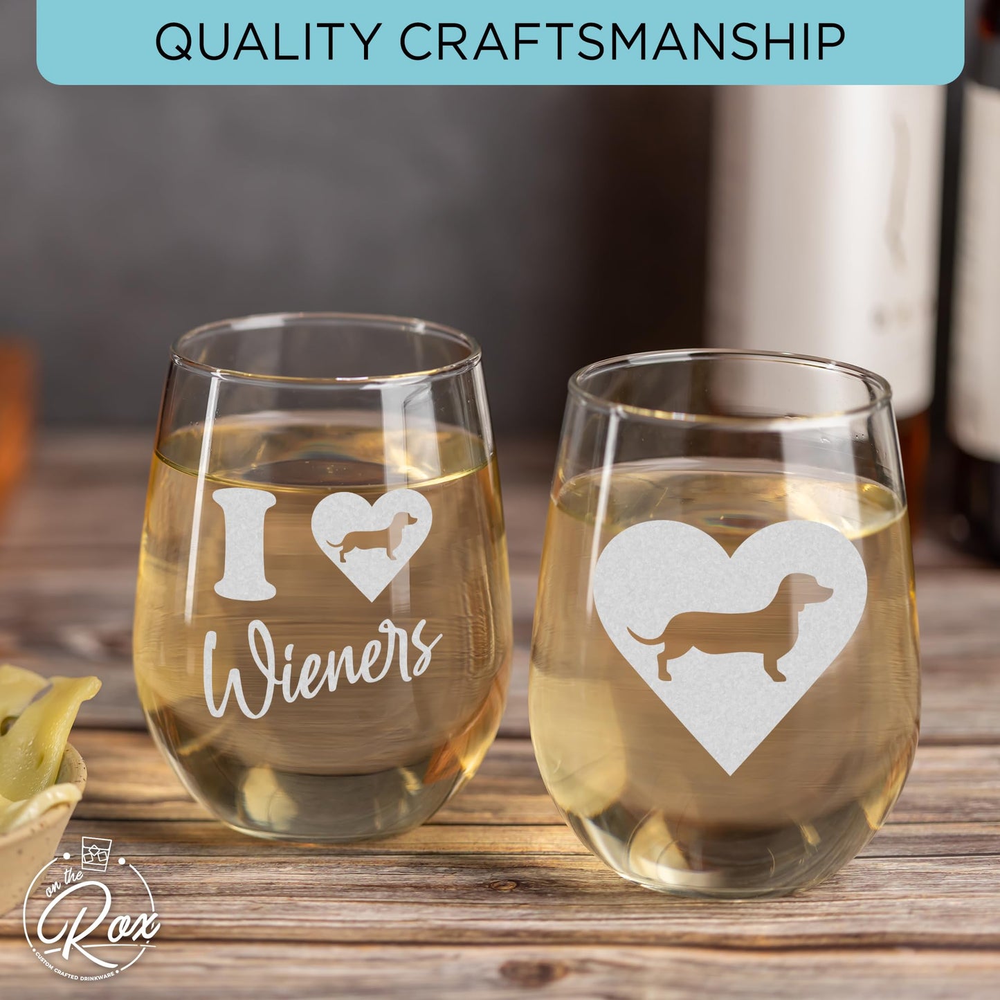 On The Rox Drinks Dachshund Gifts for Dog Lovers - I Love Wieners Stemless Dog Wine Glass Set of 2- Funny Cup, Tumbler, Stuff for Pet-Loving Mom, Grandma - Weenie Dog Gifts For Women