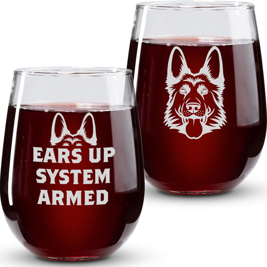 On The Rox Drinks German Shepherd Gifts for Dog Lovers - Ears Up System Armed Stemless Wine Glass Set of 2- Funny Dog Wine Glasses for Men and Women