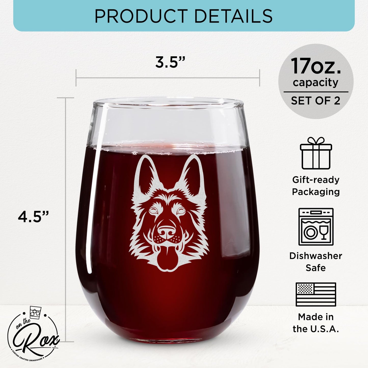 On The Rox Drinks German Shepherd Gifts for Dog Lovers - Ears Up System Armed Stemless Wine Glass Set of 2- Funny Dog Wine Glasses for Men and Women