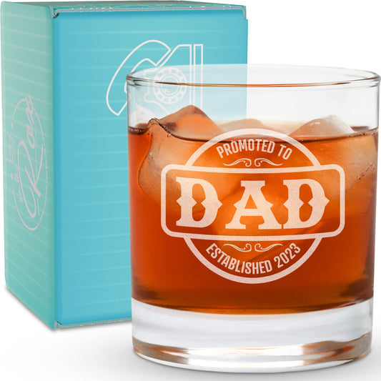 Whiskey Gifts for Dad- 11 Oz "Promoted to Dad" Engraved Whiskey Glass - Father's Day Gift, Dad Birthday Gifts From Daughter, Wife or Son - Bourbon Glass - Old Fashion Glass - 6 Designs To Choose From