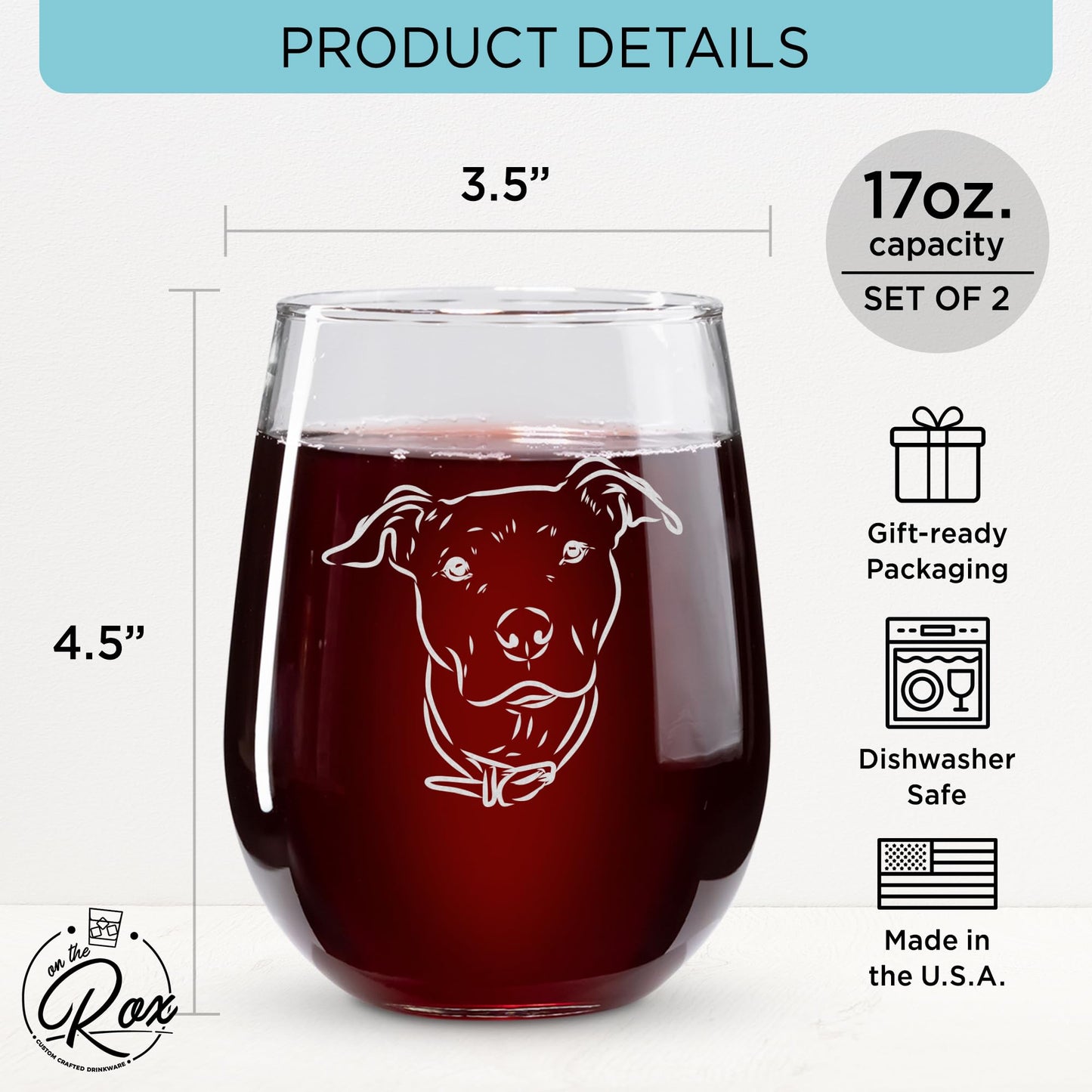 On The Rox Drinks Wine Pitbull Gifts for Pitbull Lovers - Show Me Your Pitties Stemless Wine Glass Set of 2- Funny Pit Bull Dog Lover Gifts for Mom, Grandma - Cute Pet Wine Glasses for Women