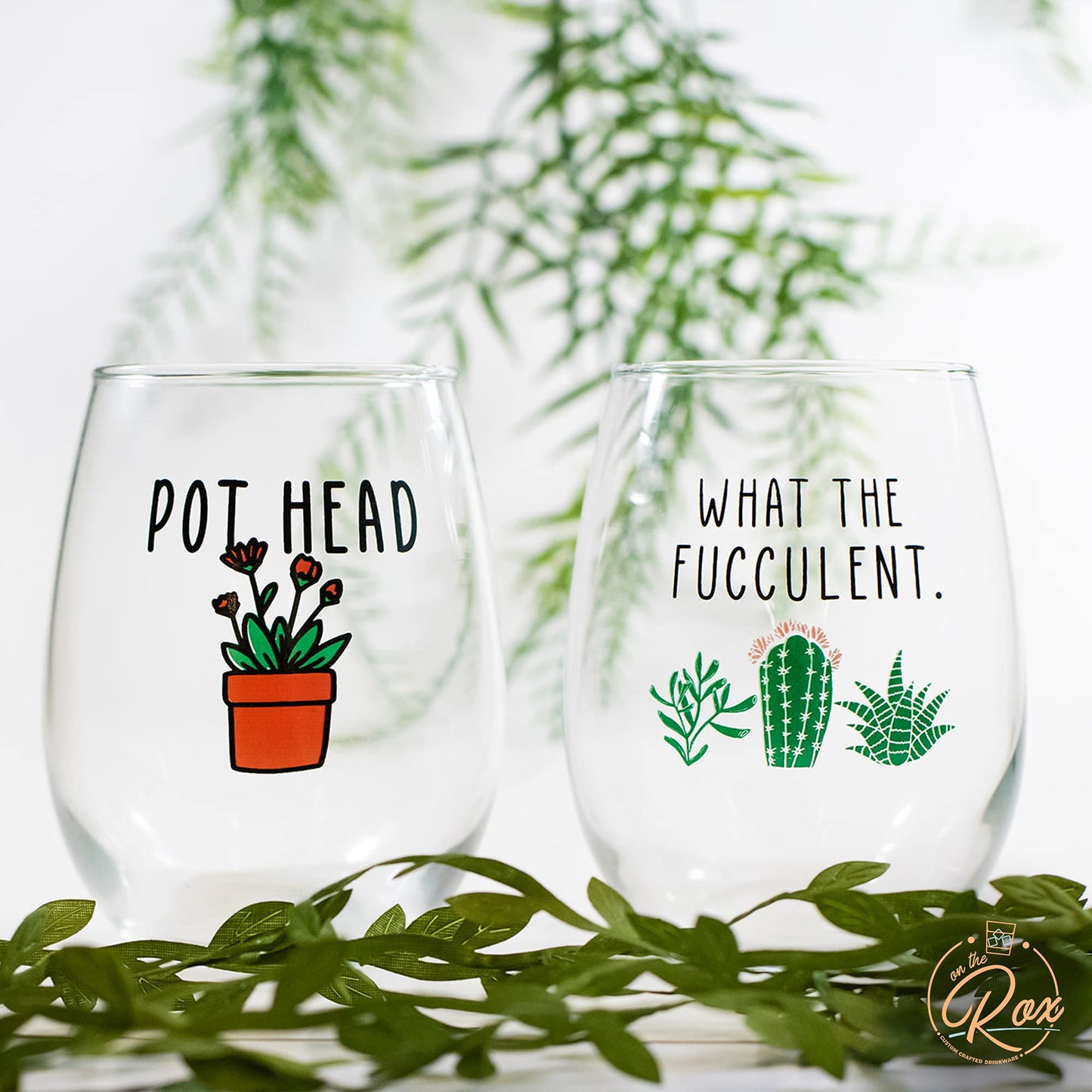 Succulent Plant Cactus Gifts for Women- Set of 2 Funny Wine Glasses 15oz - Plant Lover Gift Mug - What the Fucculent- Pot Head