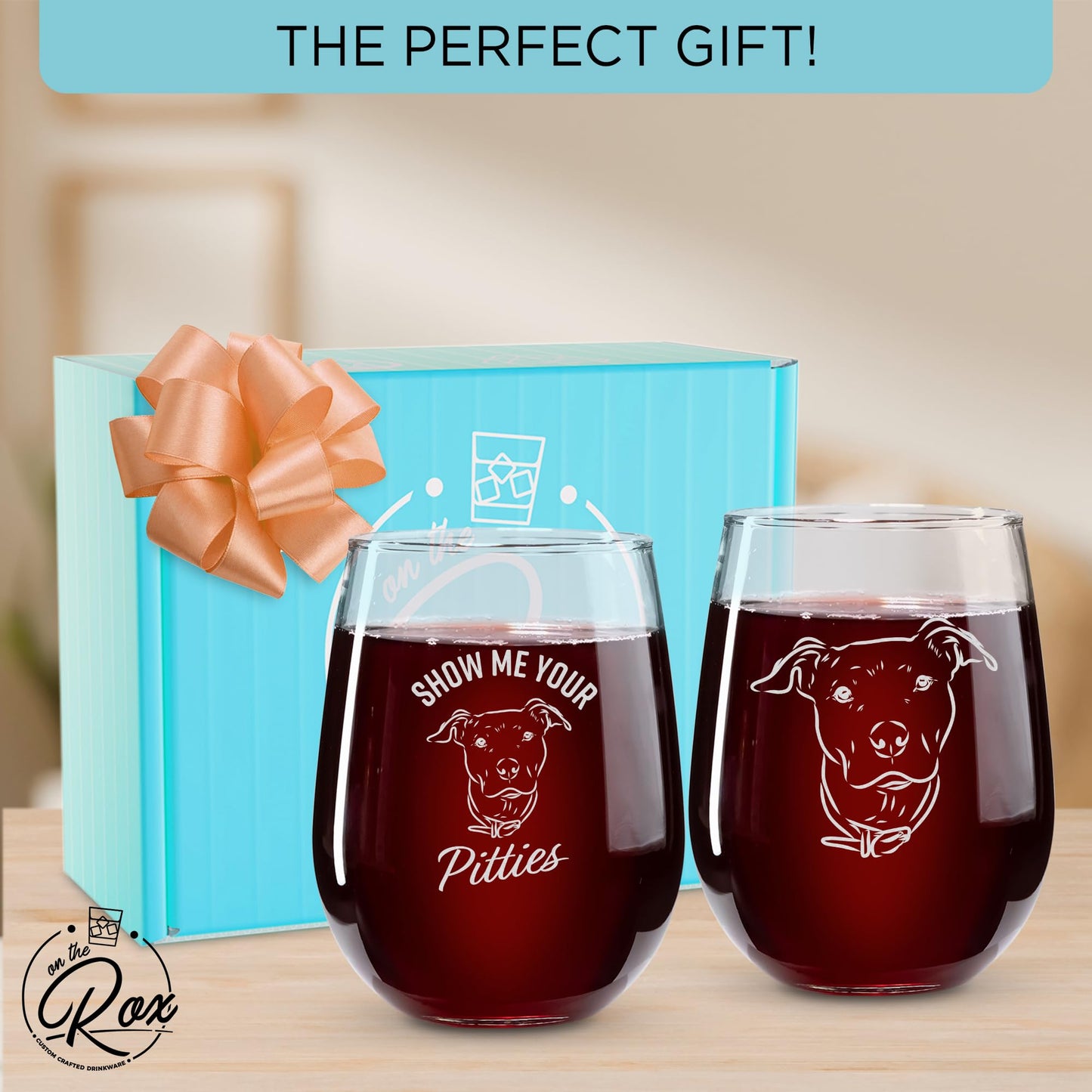 On The Rox Drinks Wine Pitbull Gifts for Pitbull Lovers - Show Me Your Pitties Stemless Wine Glass Set of 2- Funny Pit Bull Dog Lover Gifts for Mom, Grandma - Cute Pet Wine Glasses for Women
