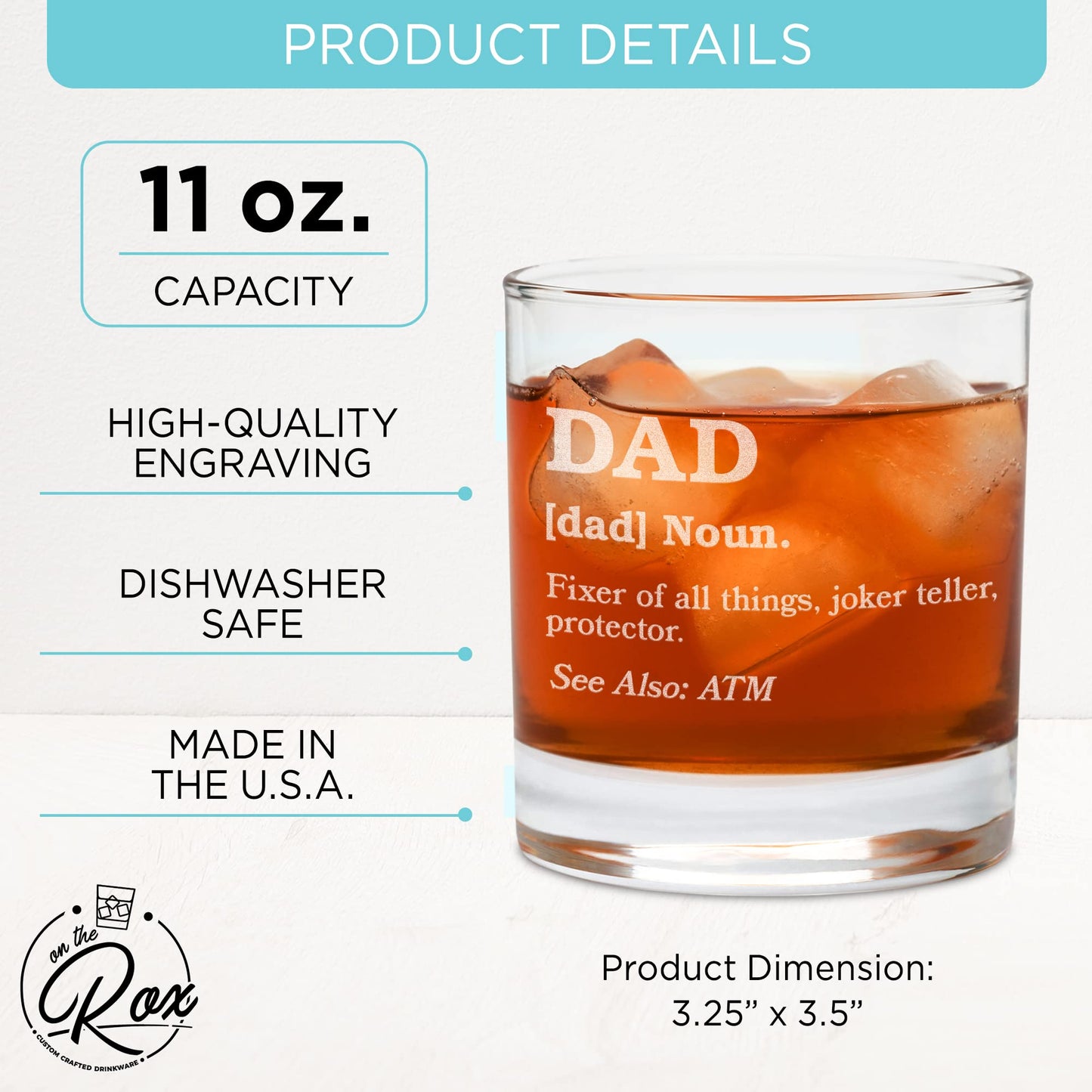 Whiskey Gifts for Dad- 11 Oz "Dad Definition" Engraved Whiskey Glass - Father's Day Gift, Dad Birthday Gifts From Daughter, Wife or Son - Bourbon Glass - Old Fashion Glass - 6 Designs To Choose From