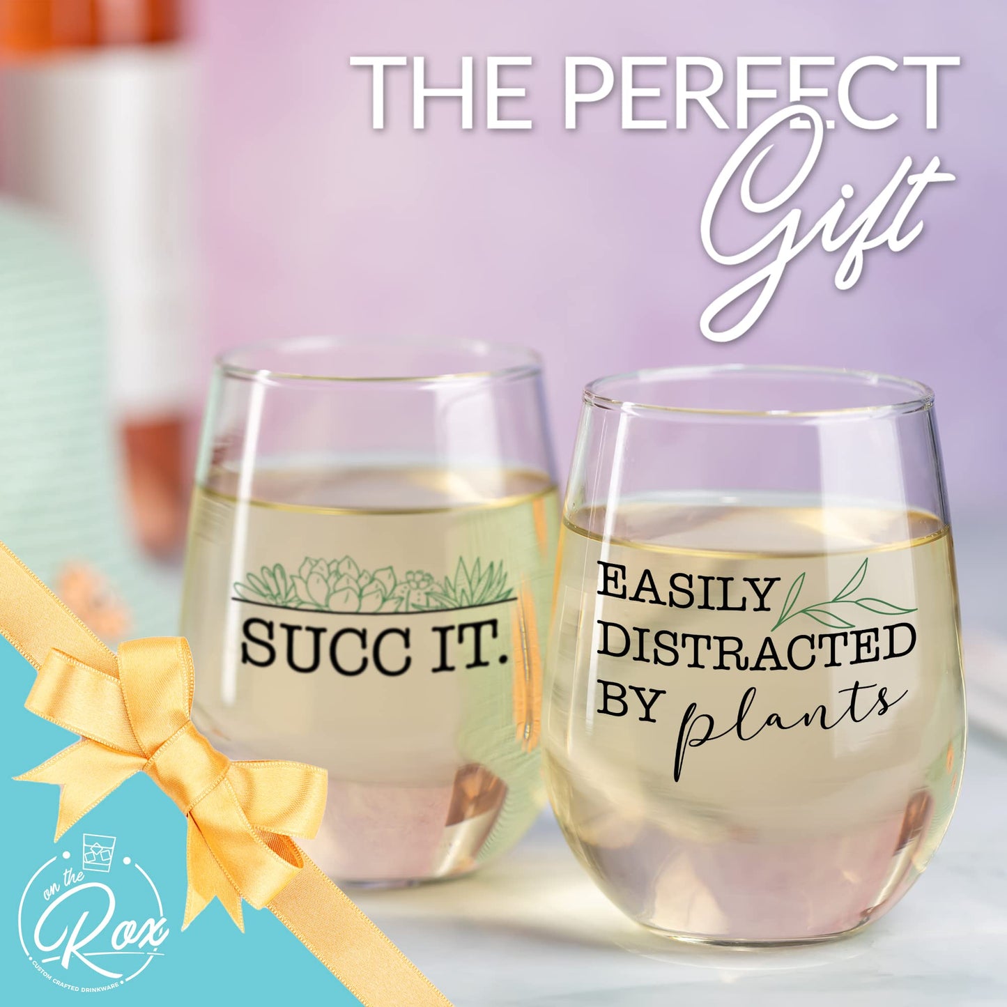 On The Rox Drinks Plant Lady Succulent Cactus Gifts for Women- Set of 2 Funny Wine Glasses 15oz (Easily Distracted by Plants - Succ It) - Printed
