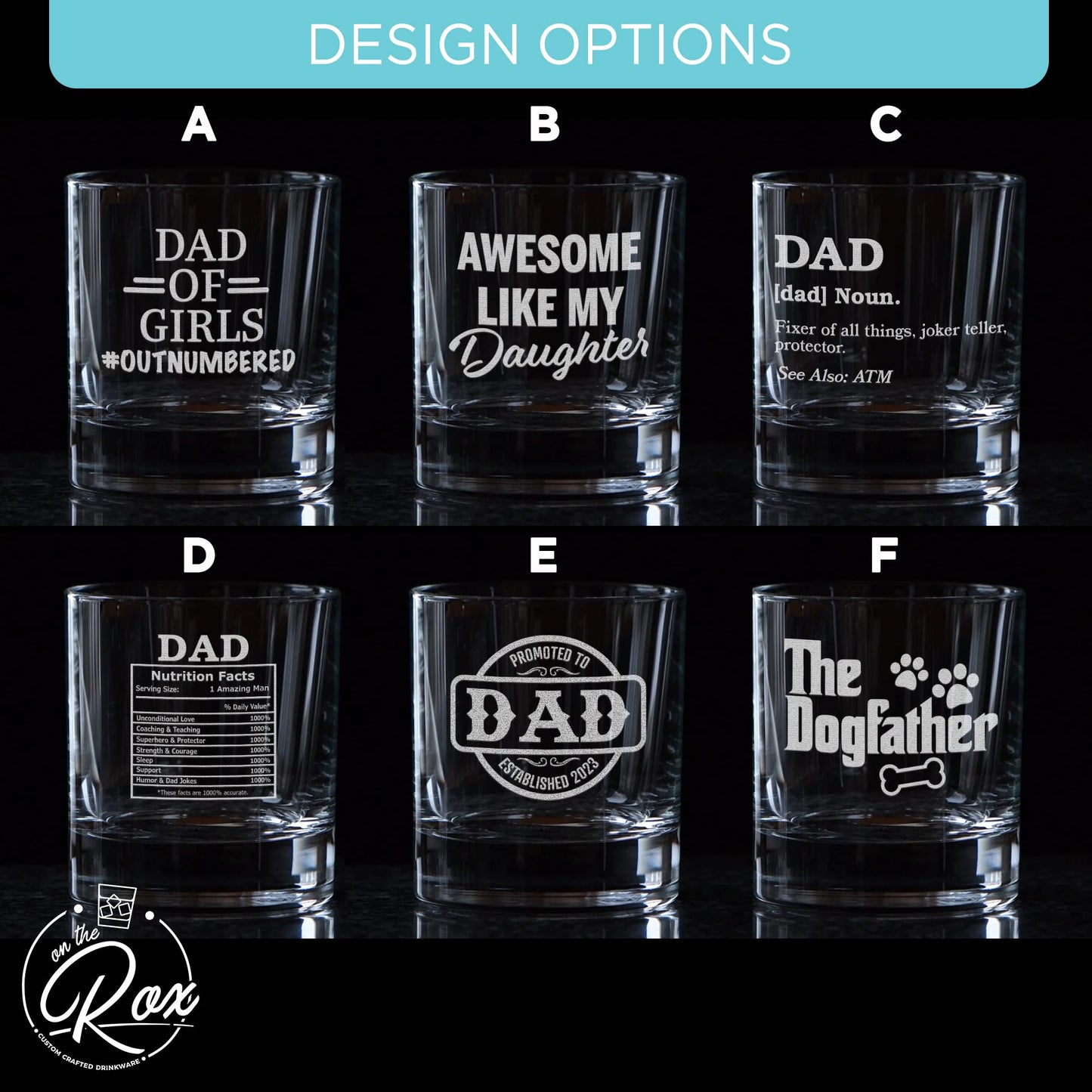 Whiskey Gifts for Dad- 11 Oz "Dad of Girls" Engraved Whiskey Glass - Father's Day Gift, Dad Birthday Gifts From Daughter, Wife or Son - Dad Bourbon Glass - Old Fashion Glass - 6 Designs To Choose From