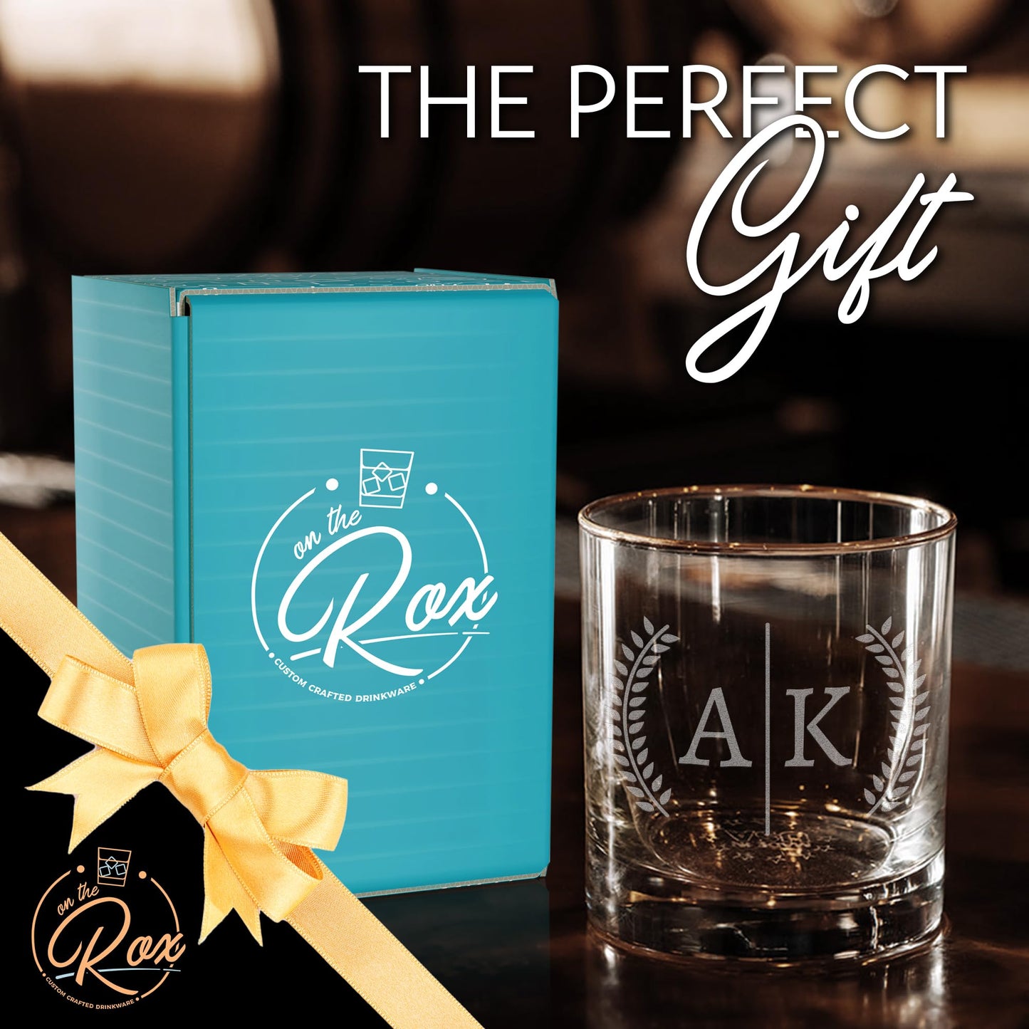 On The Rox Drinks Personalized Whiskey Gifts for Men - 11 oz Engraved Split Monogrammed Whiskey Glass - Customized Cocktail Glass for Christmas, Birthdays, Weddings - Bourbon, Scotch, Rocks, Brandy