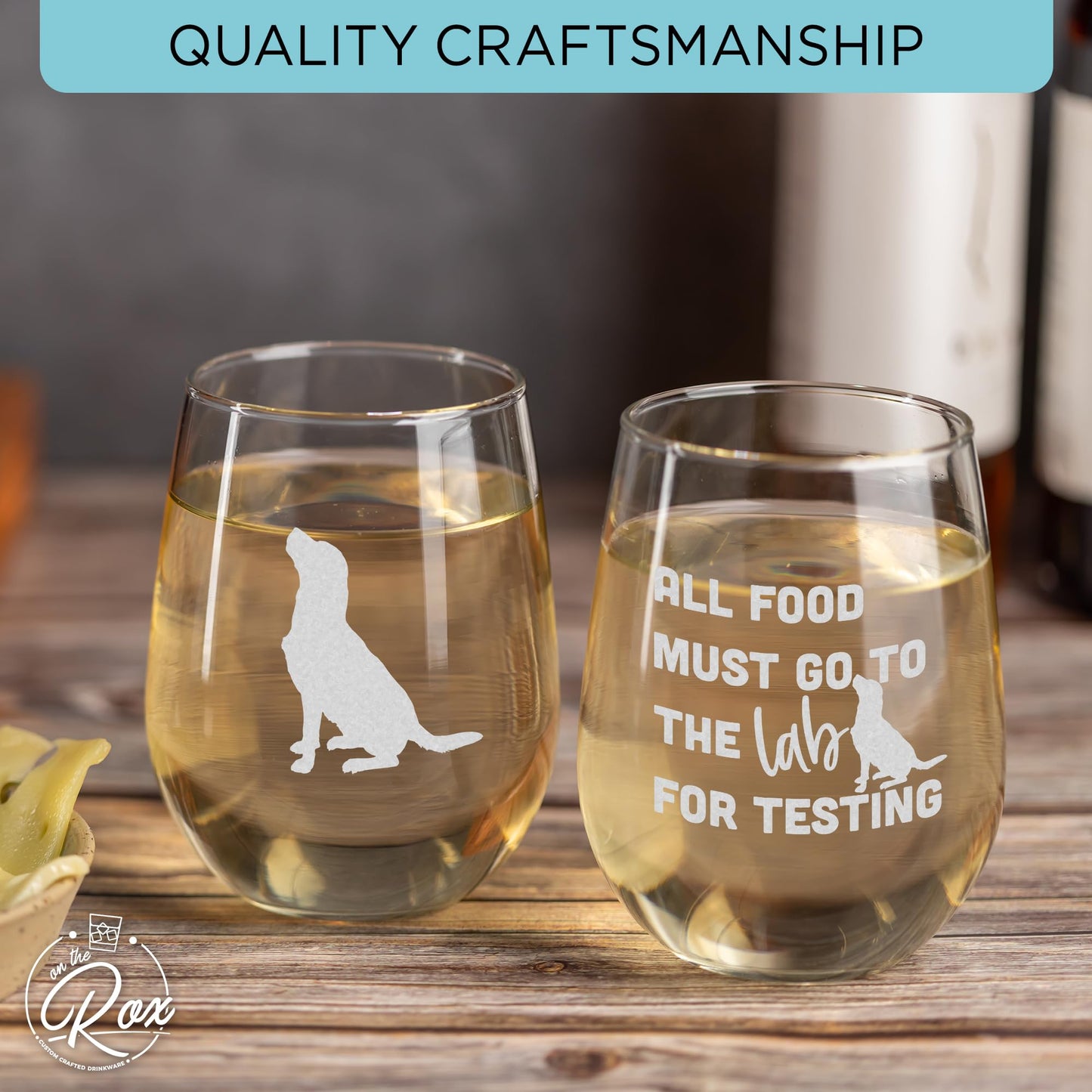 On The Rox Drinks Labrador Gifts for Labrador Lovers- All Food Must Go To The Lab For Testing Stemless Wine Glass Set of 2- Chocolate Lab Wine Glass - Dog Face, Black Labrador Gifts