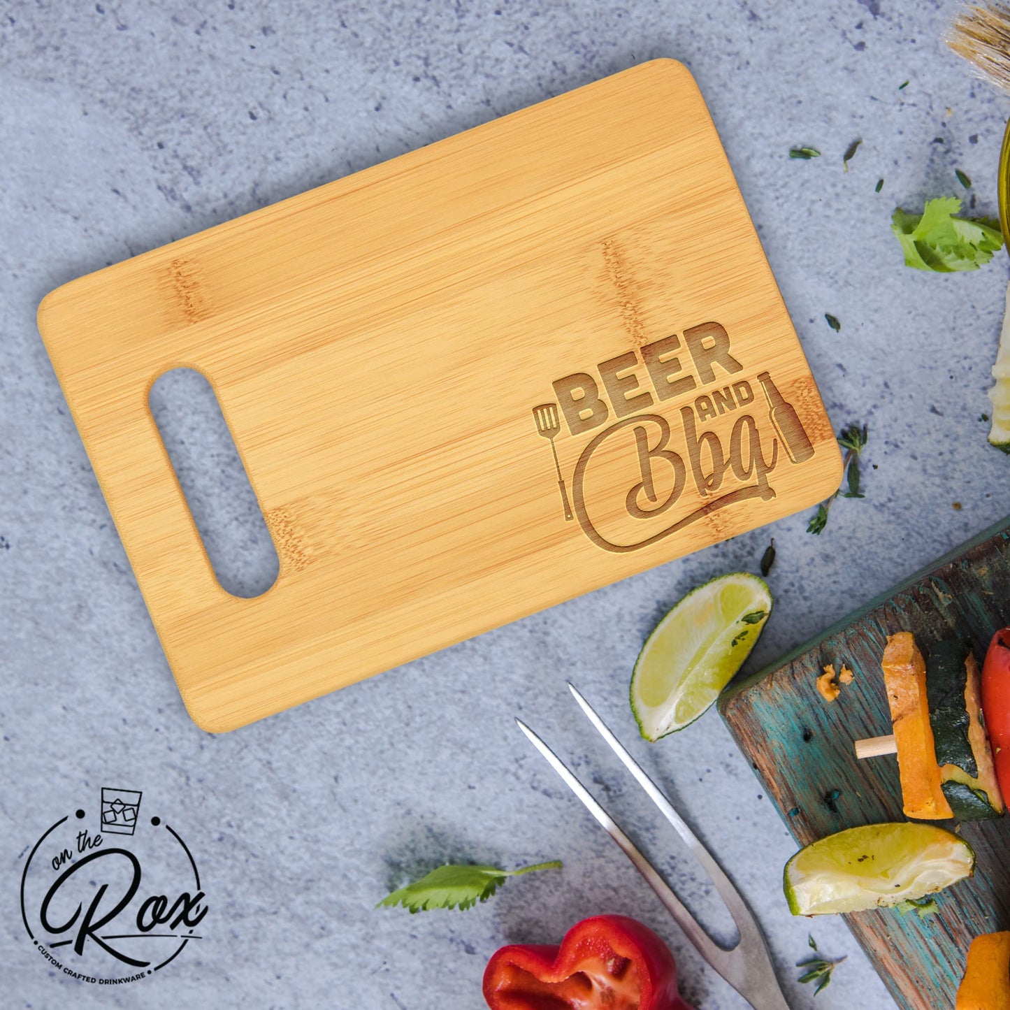 On The Rox Gifts for Dad - Beer and BBQ Cutting Board (9”x6”) - Personalized Dad Gifts for Men - Engraved Bamboo Board for Grill Fathers, Papa, Stepdad -  Best Dad Ever Birthday, Fathers' Day Gifts