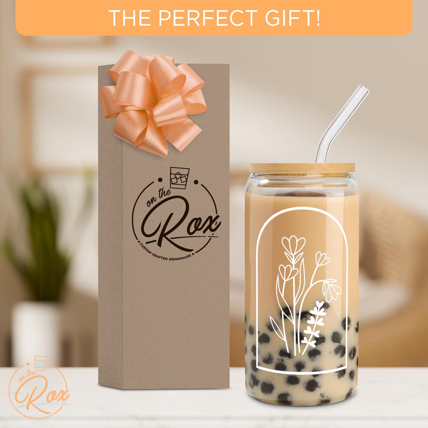 Aesthetic Floral Glass Gifts For Her - 20oz Iced Coffee Cup w/ Bamboo Lid & Glass Straw Set - Flower Coffee Cup