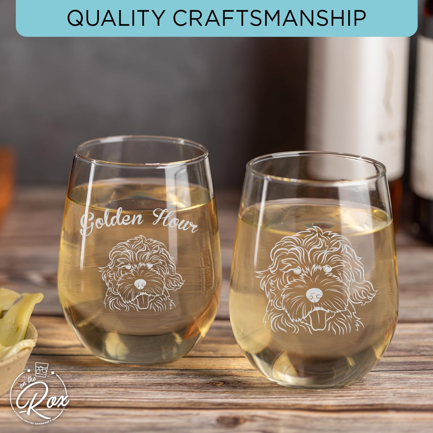 On The Rox Drinks Dog Gifts for Women - 17 Oz Golden Hour Stemless Wine Glass Set of 2 - Golden Doodle Gifts, Accessories for Golden Doodle Lovers - Funny Golden Retriever-Poodle Wine Cups for Mom
