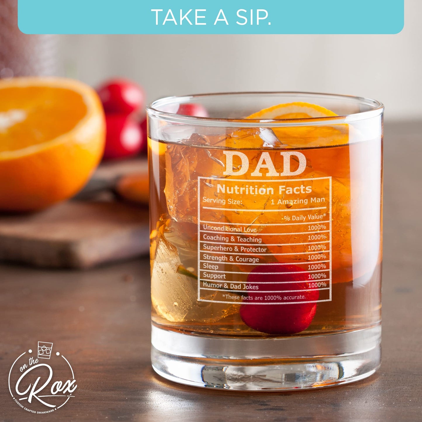 Whiskey Gifts for Dad- 11 Oz "Dad Nutrition" Engraved Whiskey Glass - Father's Day Gift, Dad Birthday Gifts From Daughter, Wife or Son - Bourbon Glass - Old Fashion Glass - 6 Designs To Choose From