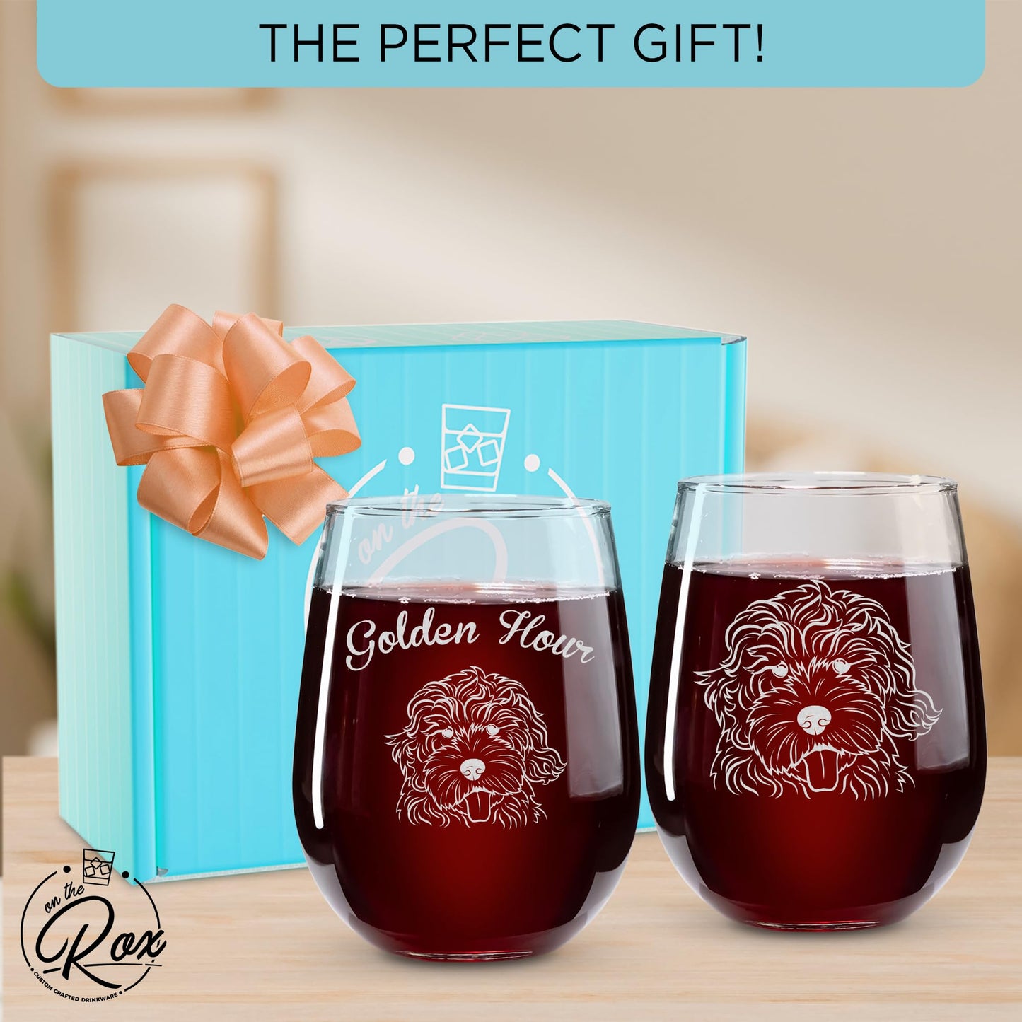 On The Rox Drinks Dog Gifts for Women - 17 Oz Golden Hour Stemless Wine Glass Set of 2 - Golden Doodle Gifts, Accessories for Golden Doodle Lovers - Funny Golden Retriever-Poodle Wine Cups for Mom