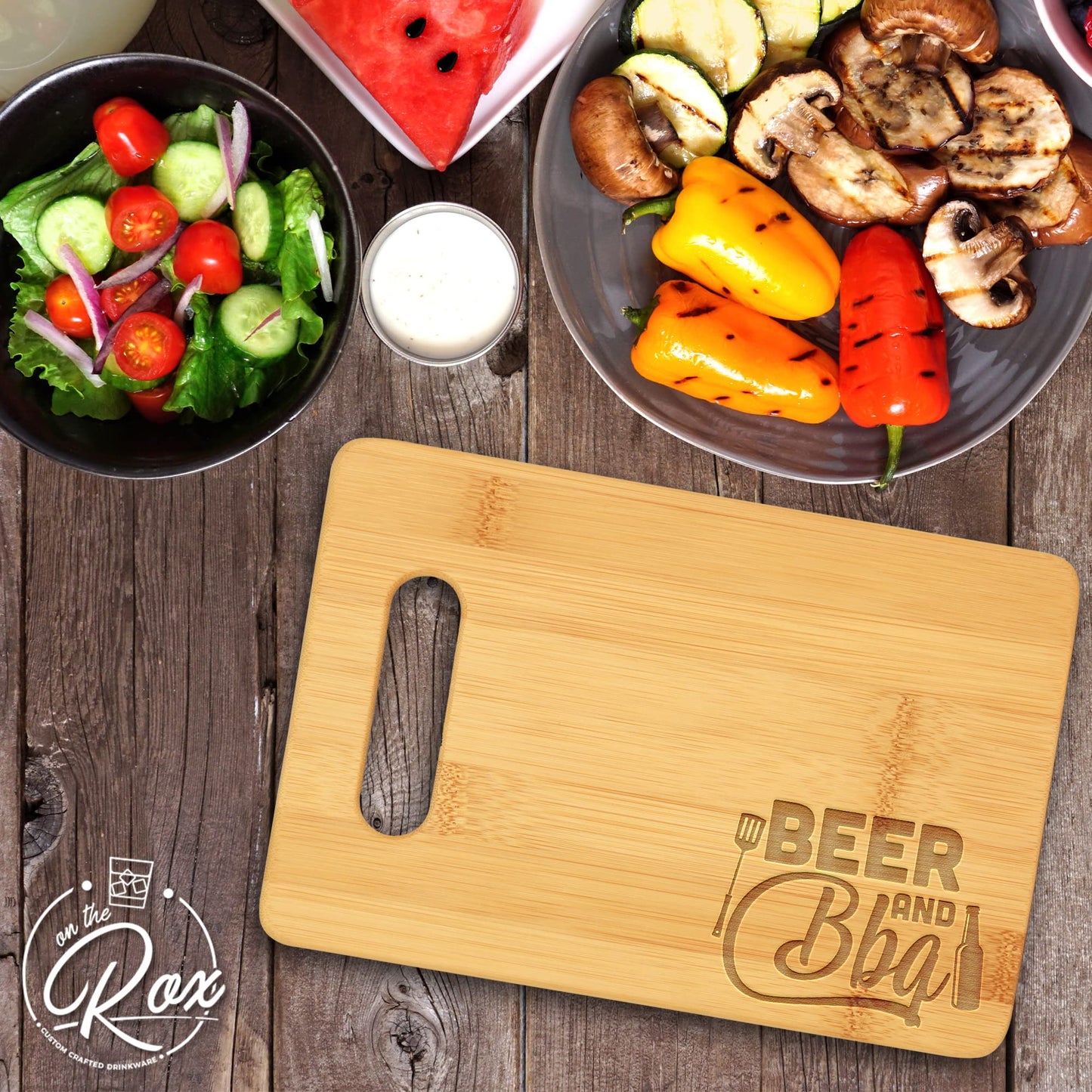 On The Rox Gifts for Dad - Beer and BBQ Cutting Board (9”x6”) - Personalized Dad Gifts for Men - Engraved Bamboo Board for Grill Fathers, Papa, Stepdad -  Best Dad Ever Birthday, Fathers' Day Gifts