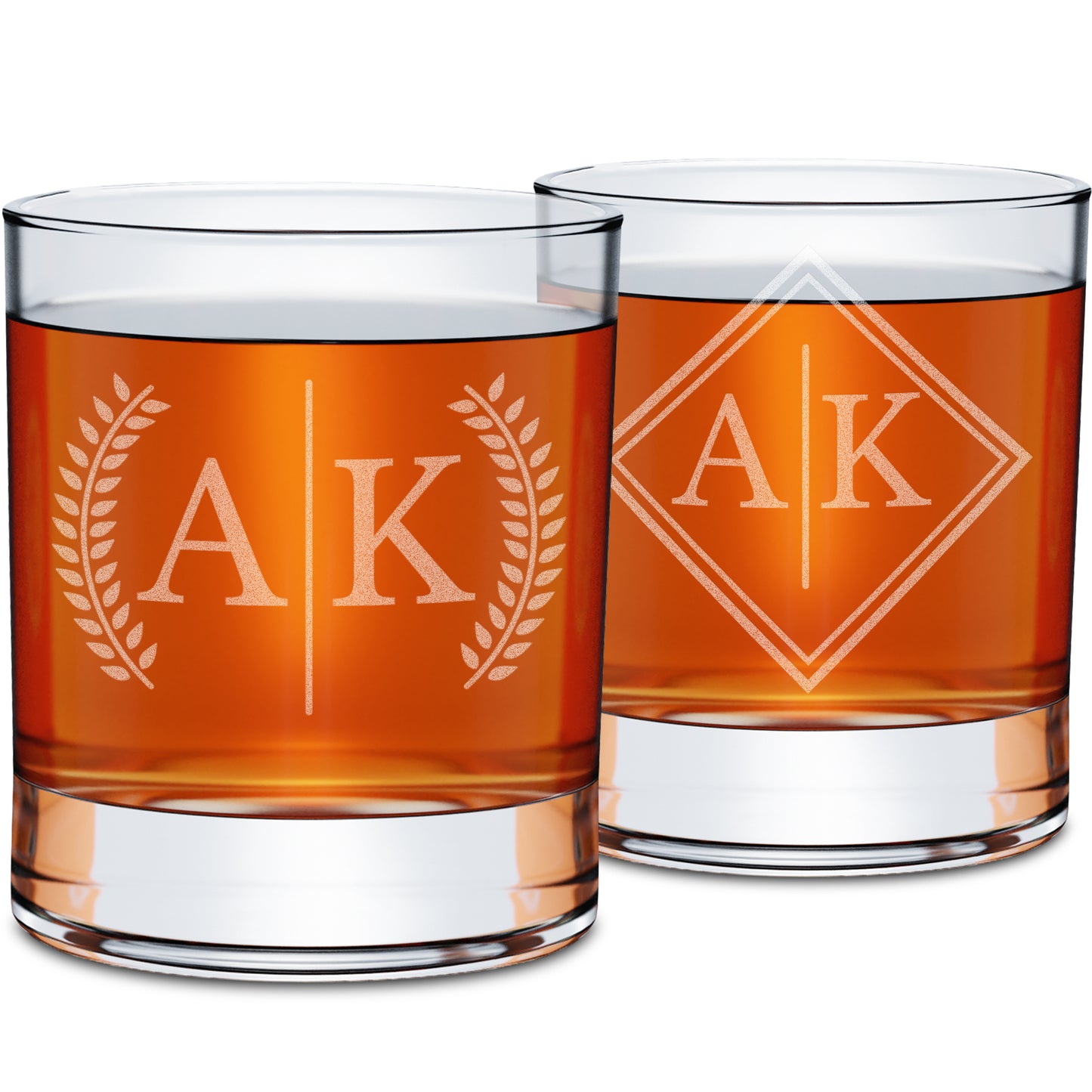 On The Rox Drinks Personalized Whiskey Gifts for Men - 11 oz Engraved Split Monogrammed Whiskey Glass Set of 2 - Customized Cocktail Glass - Bourbon, Scotch, Rocks, Brandy