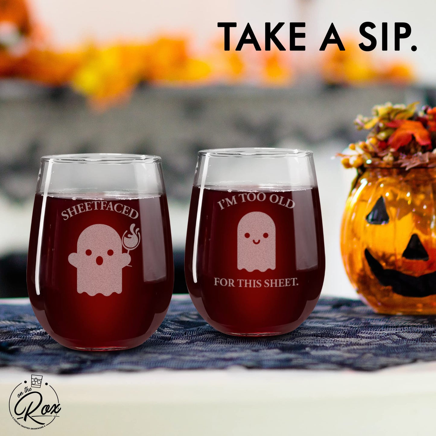 Halloween Wine Glass Gifts for Women - I'm Too Old For This Sheet Sheet Faced 2PC Wine Glass Set