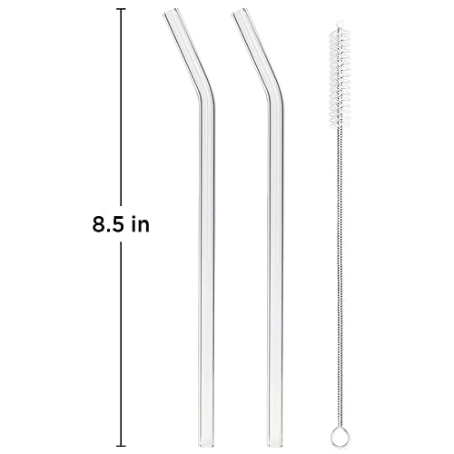 Reusable Glass Straw Set - 2pcs Bent Clear Glass Drinking Straws w/  Cleaning Brush, Reusable Straws for Smoothies, Milkshakes, Juice, Iced Coffee