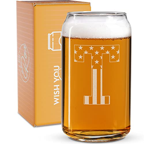 Monogram Beer Glasses for Men (A-Z) 16 oz - Beer Gifts for Men Brother Son Dad Neighbor - Unique Gifts for Him - Personalized Drinking Gift Beer Glass Mugs - Engraved Beer Can Glass ( T )