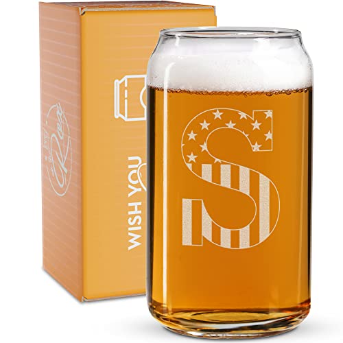 Monogram Beer Glasses for Men (A-Z) 16 oz - Beer Gifts for Men Brother Son Dad Neighbor - Unique Christmas Gifts for Him - Personalized Drinking Gift Beer Glass Mugs - Engraved Beer Can Glass ( S )