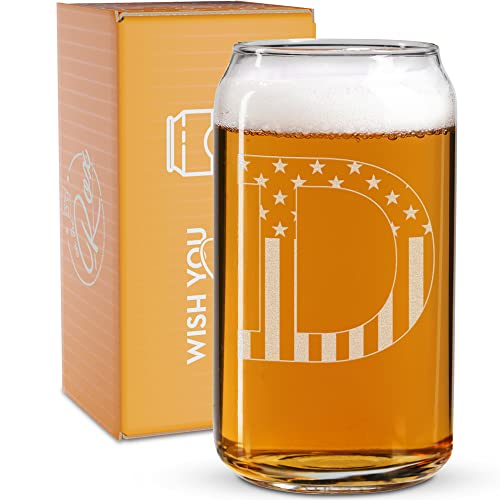 Monogram Beer Glasses for Men (A-Z) 16 oz - Beer Gifts for Men Brother Son Dad Neighbor - Unique Gifts for Him - Personalized Drinking Gift Beer Glass Mugs - Engraved Beer Can Glass ( D )